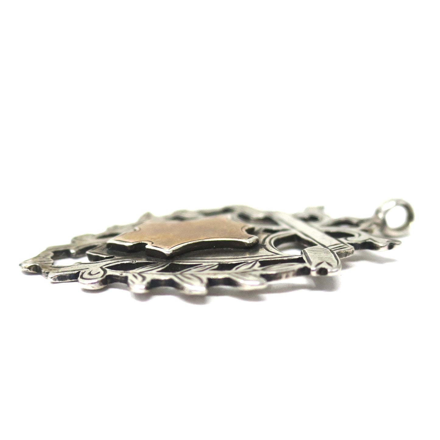 1919 Edwardian Sterling Silver & Rose Gold Vermeil Engraved Cartouche Medal Shield Watch Fob Pendant