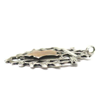 1919 Edwardian Sterling Silver & Rose Gold Vermeil Engraved Cartouche Medal Shield Watch Fob Pendant