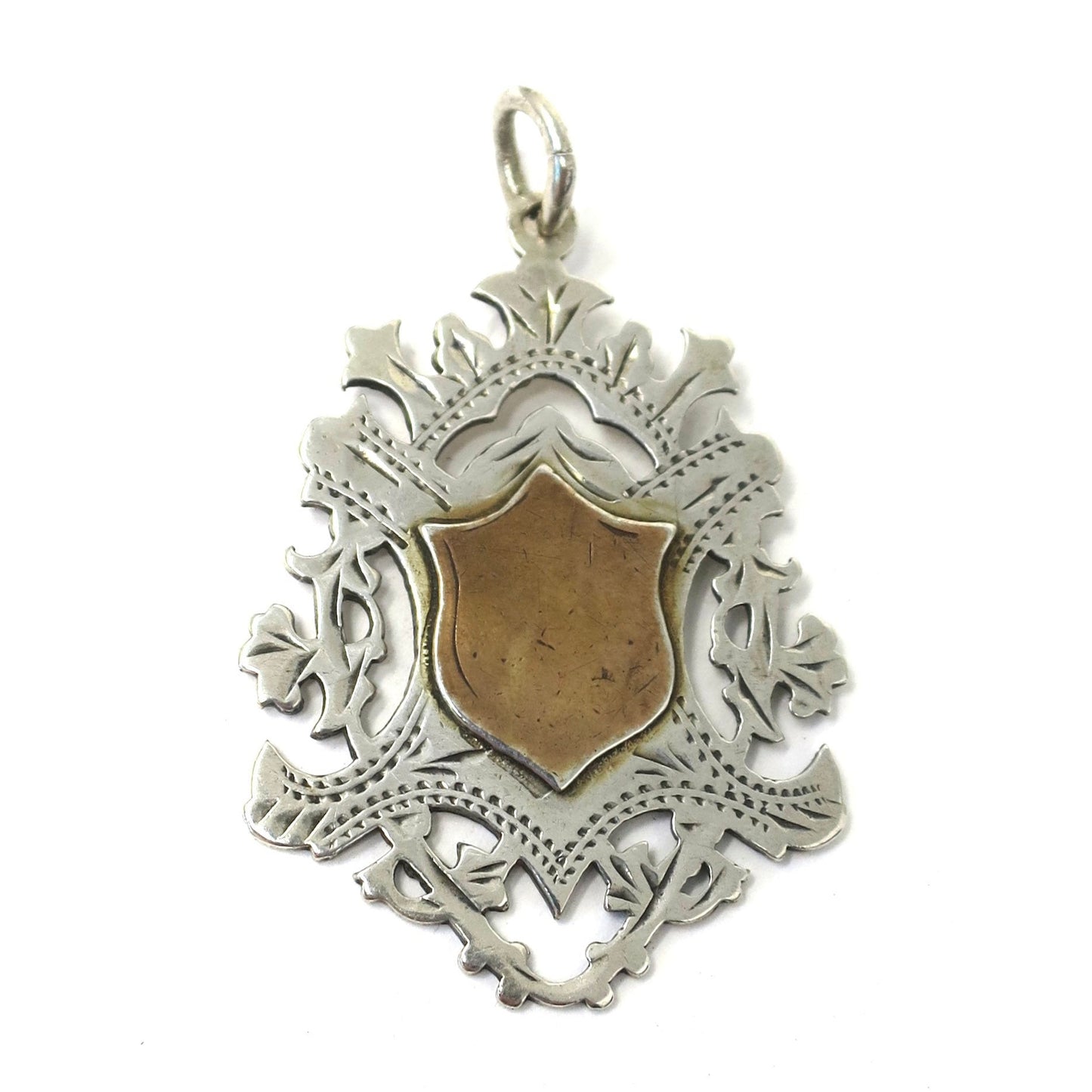 1903 Antique Birmingham Sterling Silver & Rose Gold Gilt Shield Cartouche Medal Watch Fob Pendant