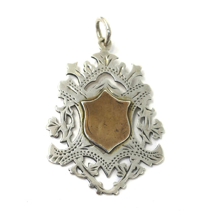 1903 Antique Birmingham Sterling Silver & Rose Gold Gilt Shield Cartouche Medal Watch Fob Pendant