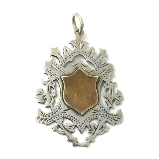 1903 Birmingham Sterling Silver & Rose Gold Gilt Shield Cartouche Medal Watch Fob Pendant