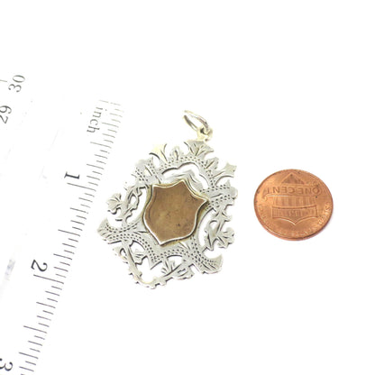 1903 Antique Birmingham Sterling Silver & Rose Gold Gilt Shield Cartouche Medal Watch Fob Pendant
