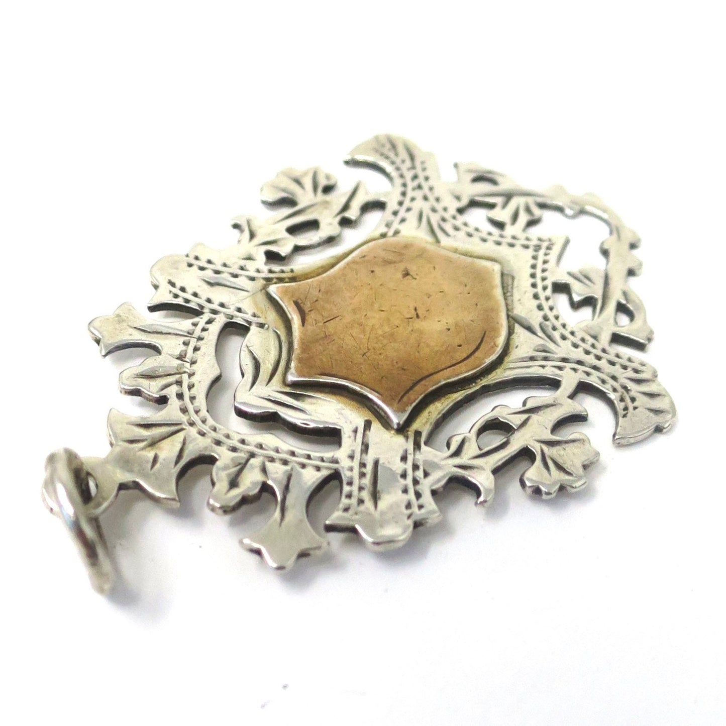 1903 Antique Birmingham Sterling Silver & Rose Gold Gilt Shield Cartouche Medal Watch Fob Pendant