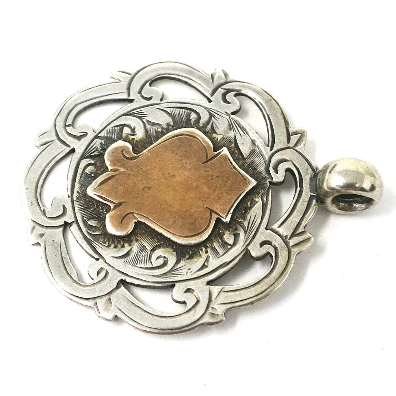 Antique Victorian 1909 Birmingham Sterling Silver & Rose Gold Vermeil Cartouche Medal Shield Watch Fob Pendant
