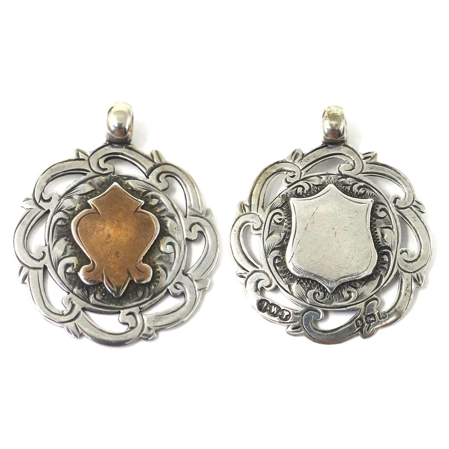 Antique Victorian 1909 Birmingham Sterling Silver & Rose Gold Vermeil Cartouche Medal Shield Watch Fob Pendant