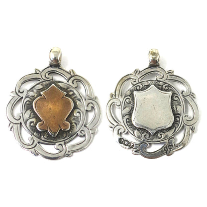 Antique Victorian 1909 Birmingham Sterling Silver & Rose Gold Vermeil Cartouche Medal Shield Watch Fob Pendant