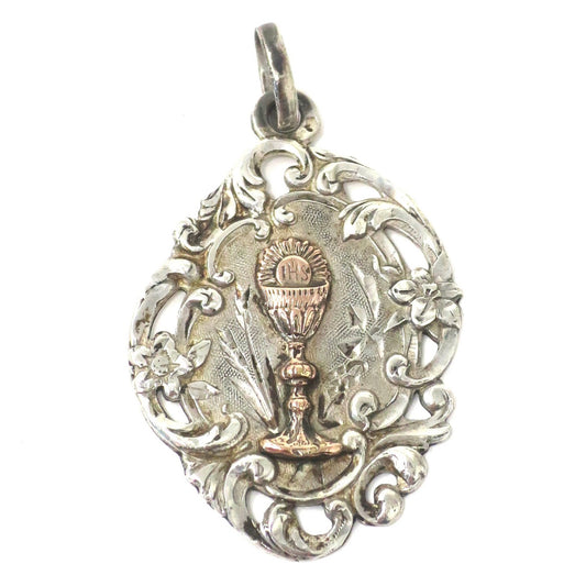 Antique French Silver Communion Medal: Calice Religious Charm