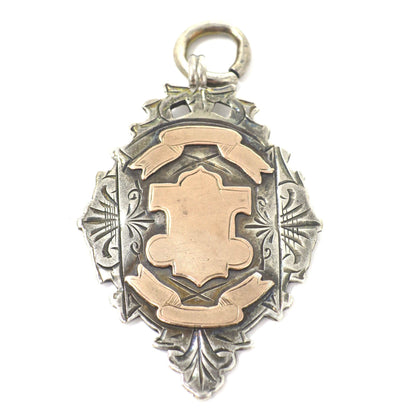 1900 Antique Victorian Sterling Silver & Rose Gold Vermeil Engraved Cartouche Medal Shield Watch Fob Pendant