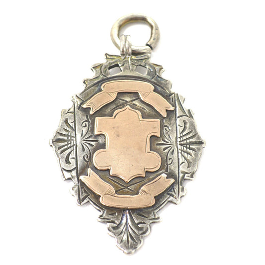 1900 Antique Victorian Sterling Silver & Rose Gold Vermeil Engraved Cartouche Medal Shield Watch Fob Pendant