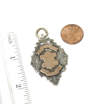 1900 Antique Victorian Sterling Silver & Rose Gold Vermeil Engraved Cartouche Medal Shield Watch Fob Pendant