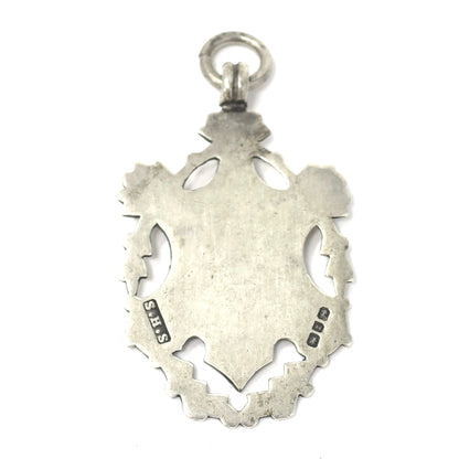 1899 Antique Sterling Silver & Rose Gold Vermeil Engraved Cartouche Medal Shield Watch Fob Pendant