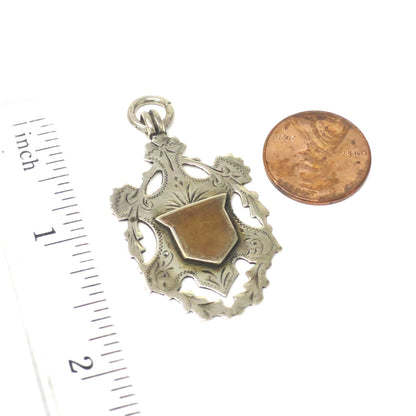 1899 Antique Sterling Silver & Rose Gold Vermeil Engraved Cartouche Medal Shield Watch Fob Pendant