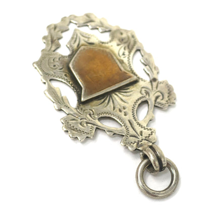 1899 Antique Sterling Silver & Rose Gold Vermeil Engraved Cartouche Medal Shield Watch Fob Pendant
