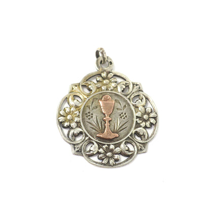 Antique French Silver Communion Medal, Chalice Religious Charm