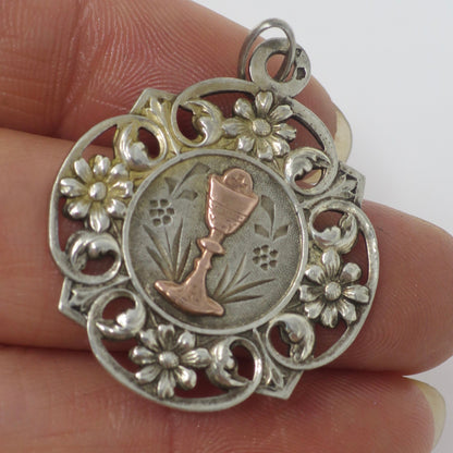 Antique French Silver Communion Medal, Chalice Religious Charm