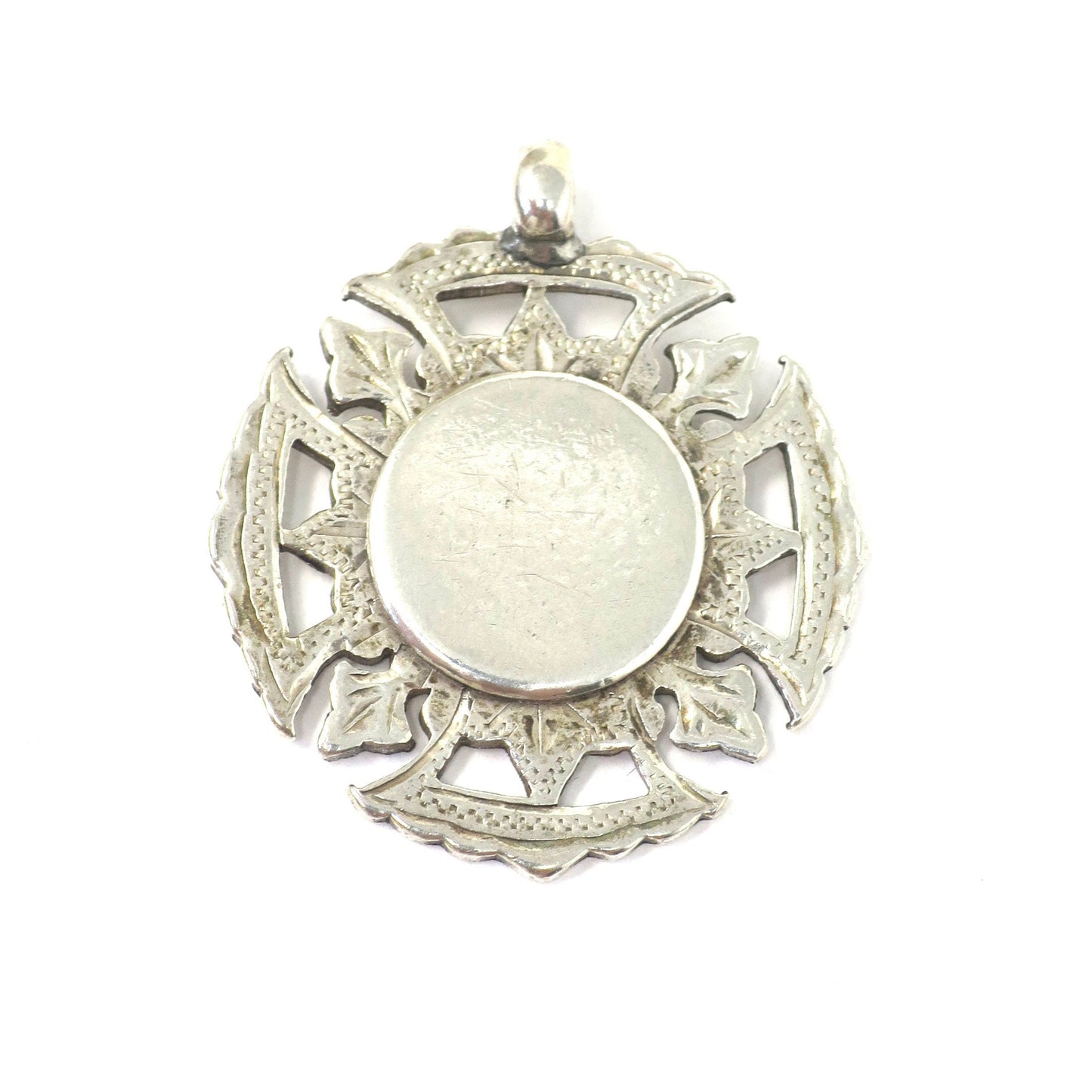 Antique Victorian 1900 Heavy Birmingham Engraved Sterling Silver Medal Shield Watch Fob Pendant