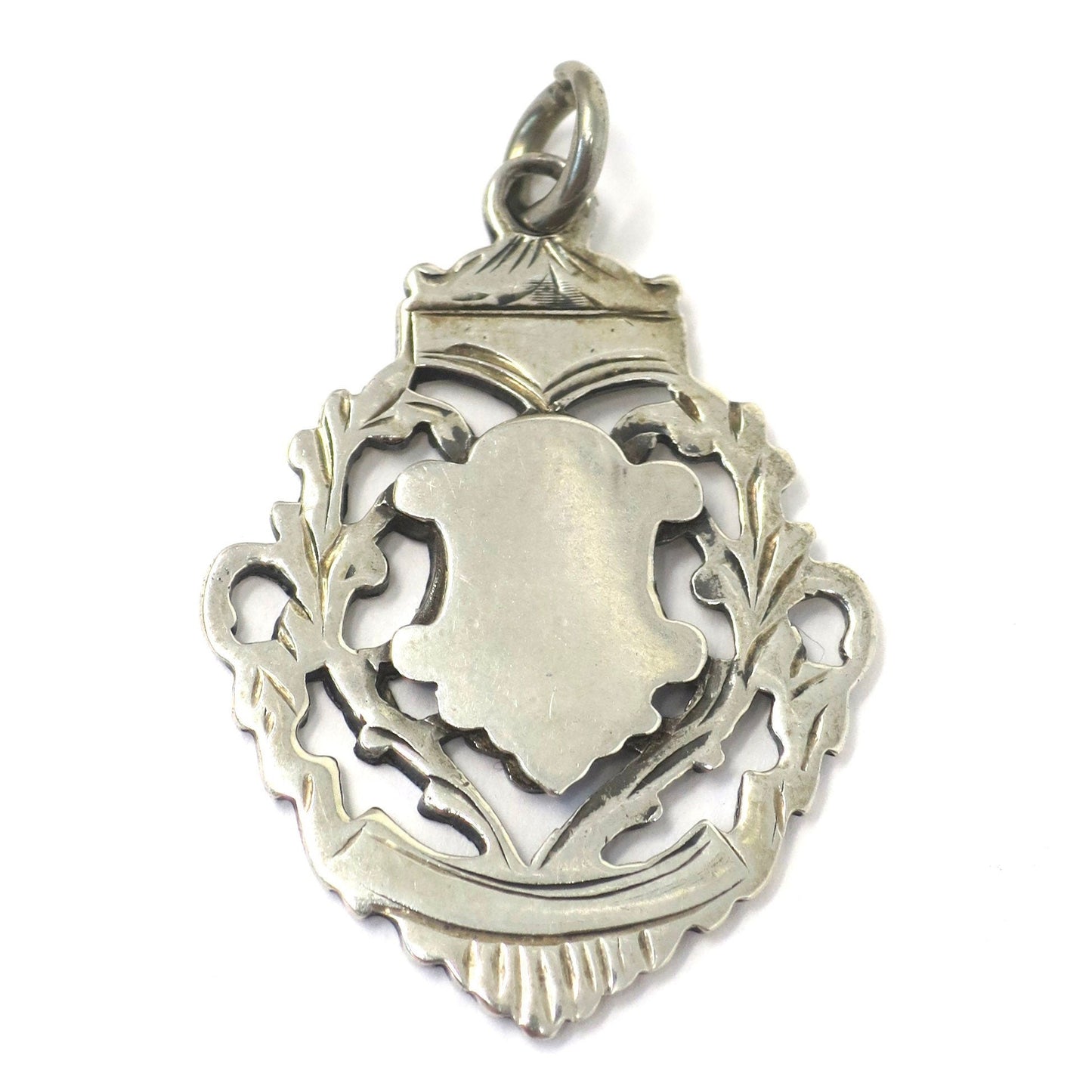 Antique Victorian 1907 Birmingham Engraved Sterling Silver Medal Shield Watch Fob Pendant
