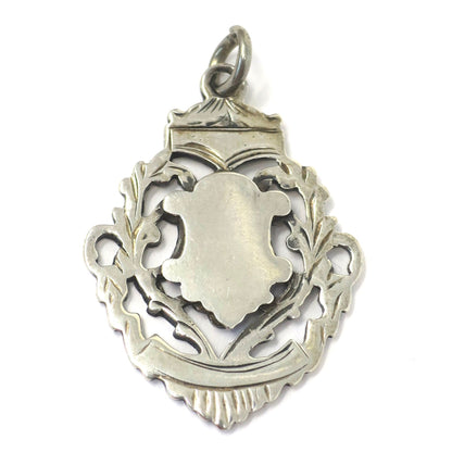 Antique Victorian 1907 Birmingham Engraved Sterling Silver Medal Shield Watch Fob Pendant