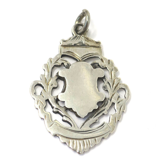 Antique Victorian 1907 Birmingham Engraved Sterling Silver Medal Shield Watch Fob Pendant