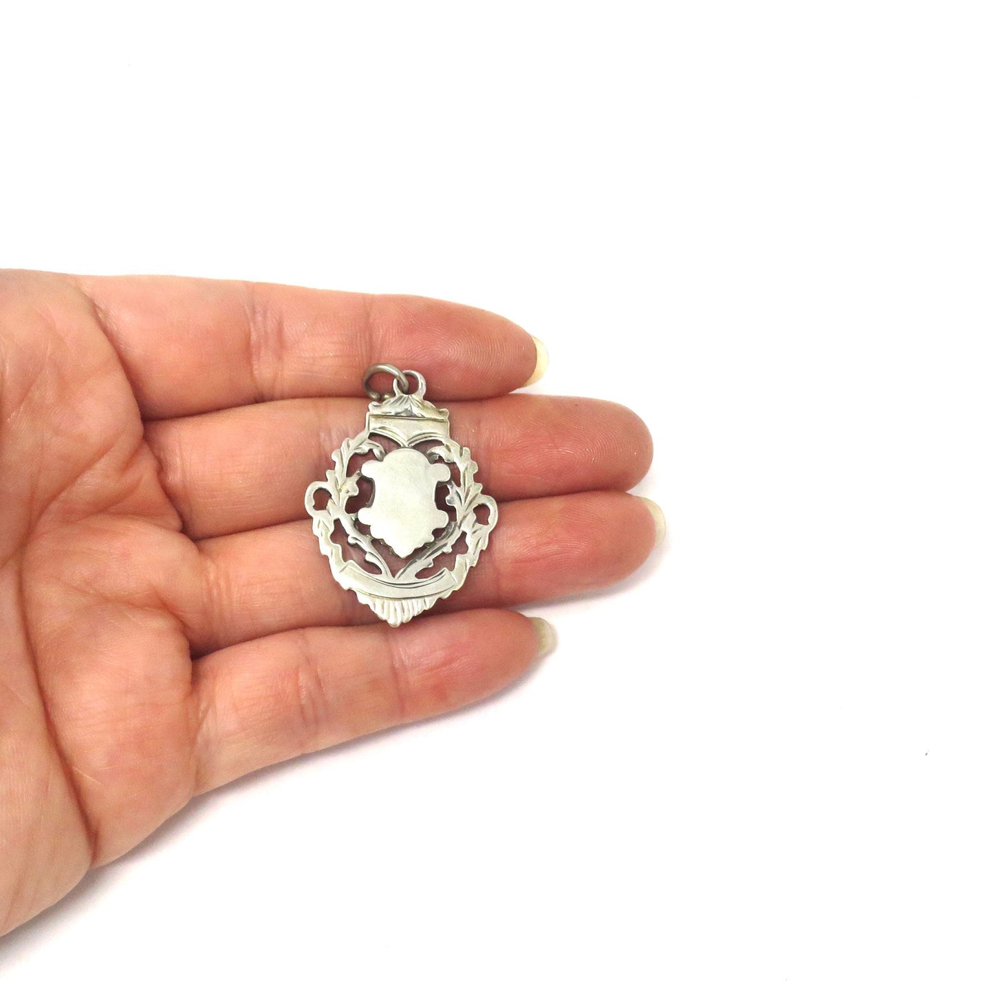 Antique Victorian 1907 Birmingham Engraved Sterling Silver Medal Shield Watch Fob Pendant