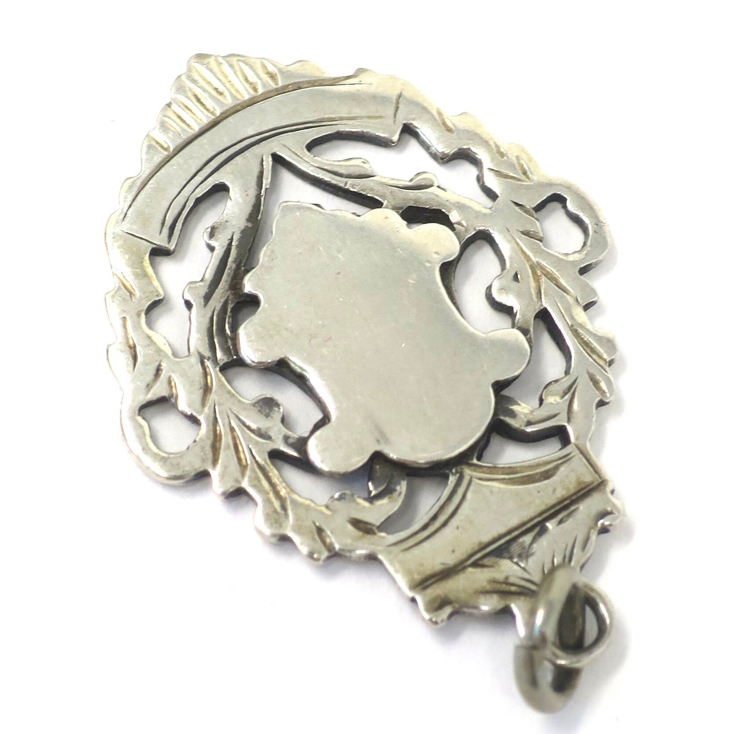 Antique Victorian 1907 Birmingham Engraved Sterling Silver Medal Shield Watch Fob Pendant