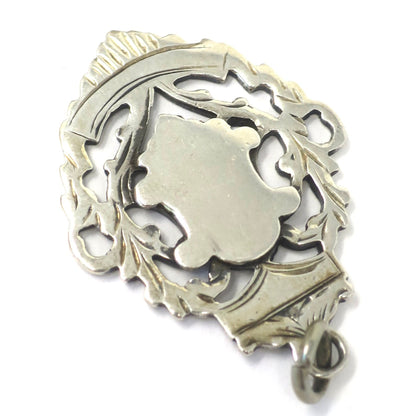 Antique Victorian 1907 Birmingham Engraved Sterling Silver Medal Shield Watch Fob Pendant