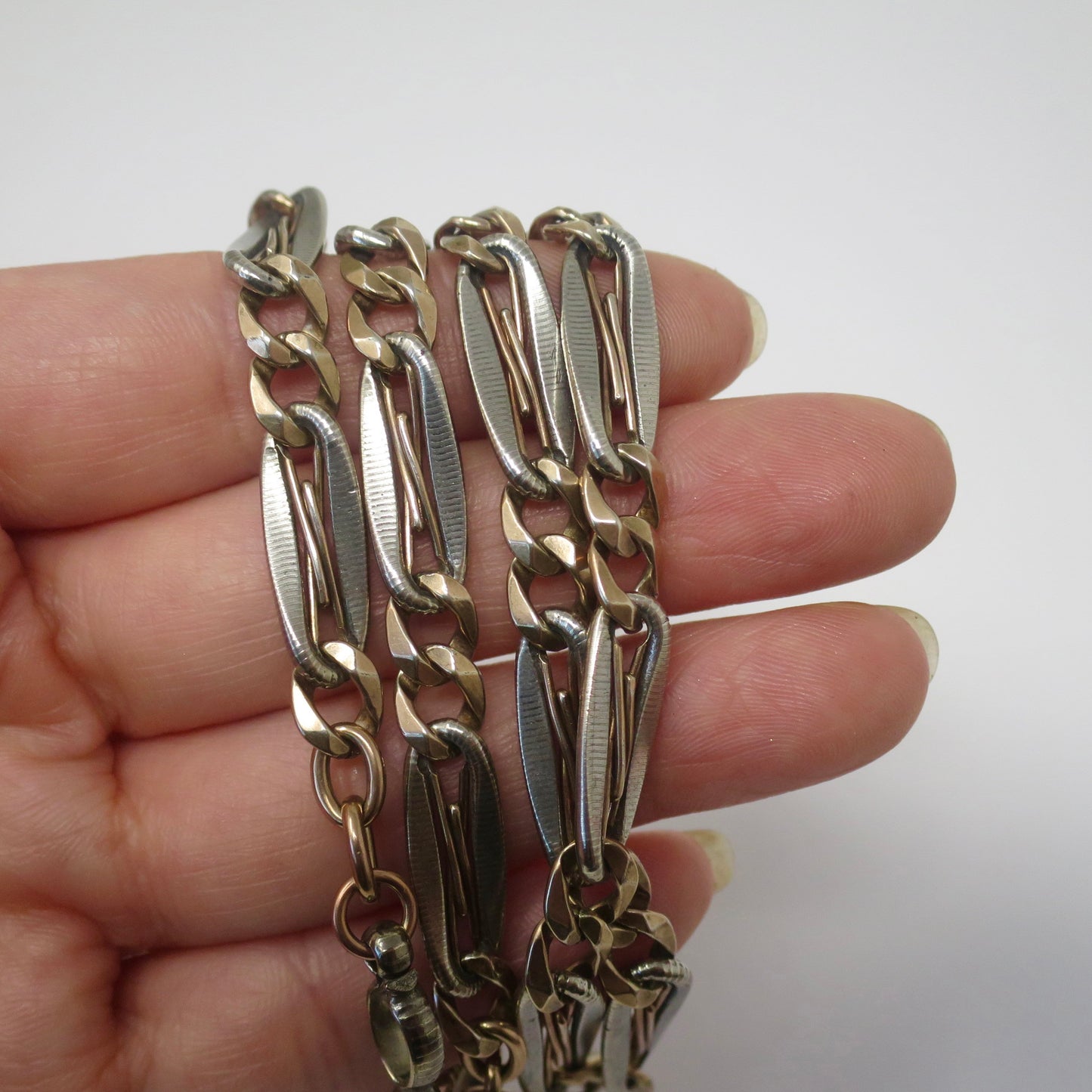 Antique Victorian 800 Silver Niello & 10k Rose Gold Vermeil Pocket Watch Chain Necklace MB6