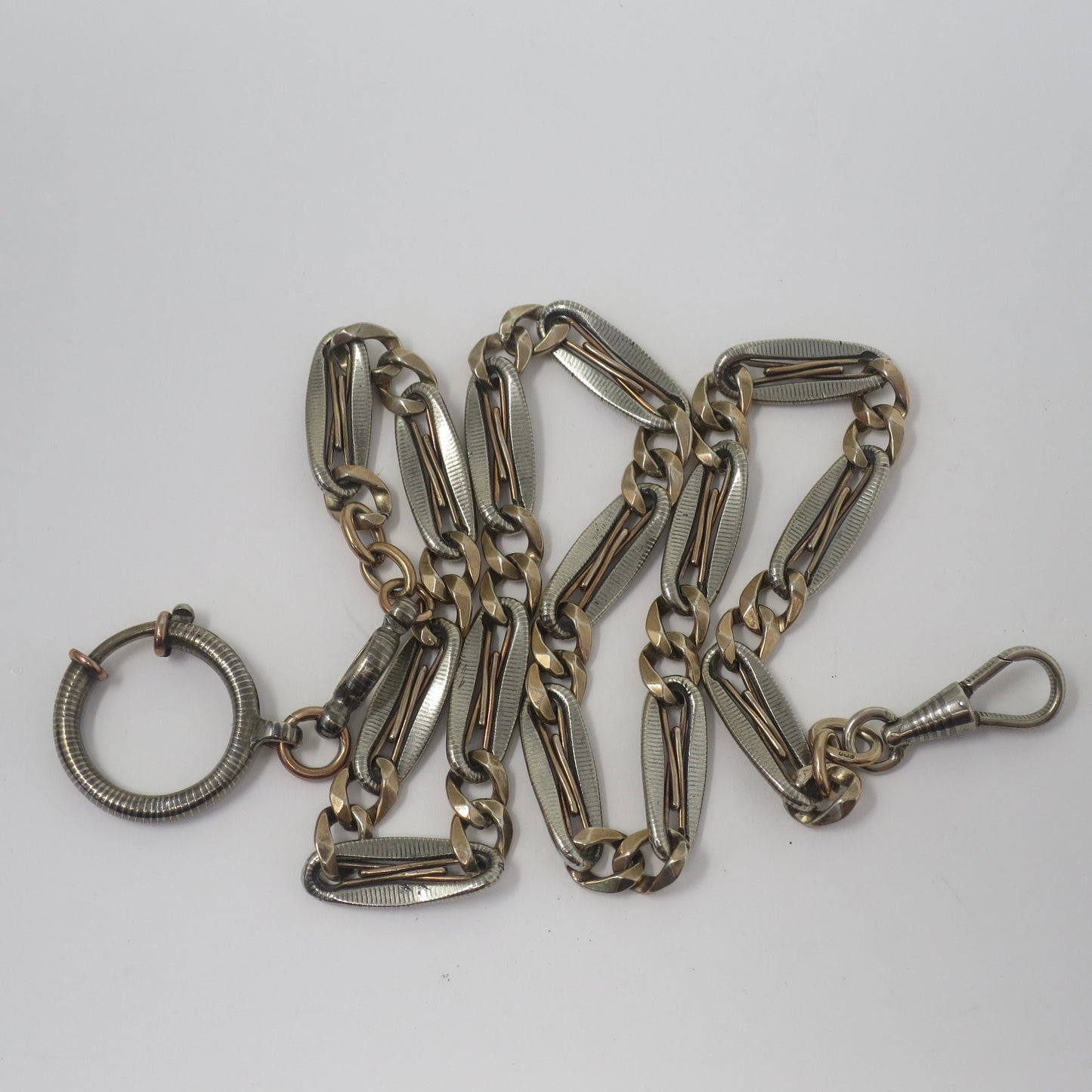 Antique Victorian 800 Silver Niello & 10k Rose Gold Vermeil Pocket Watch Chain Necklace MB6
