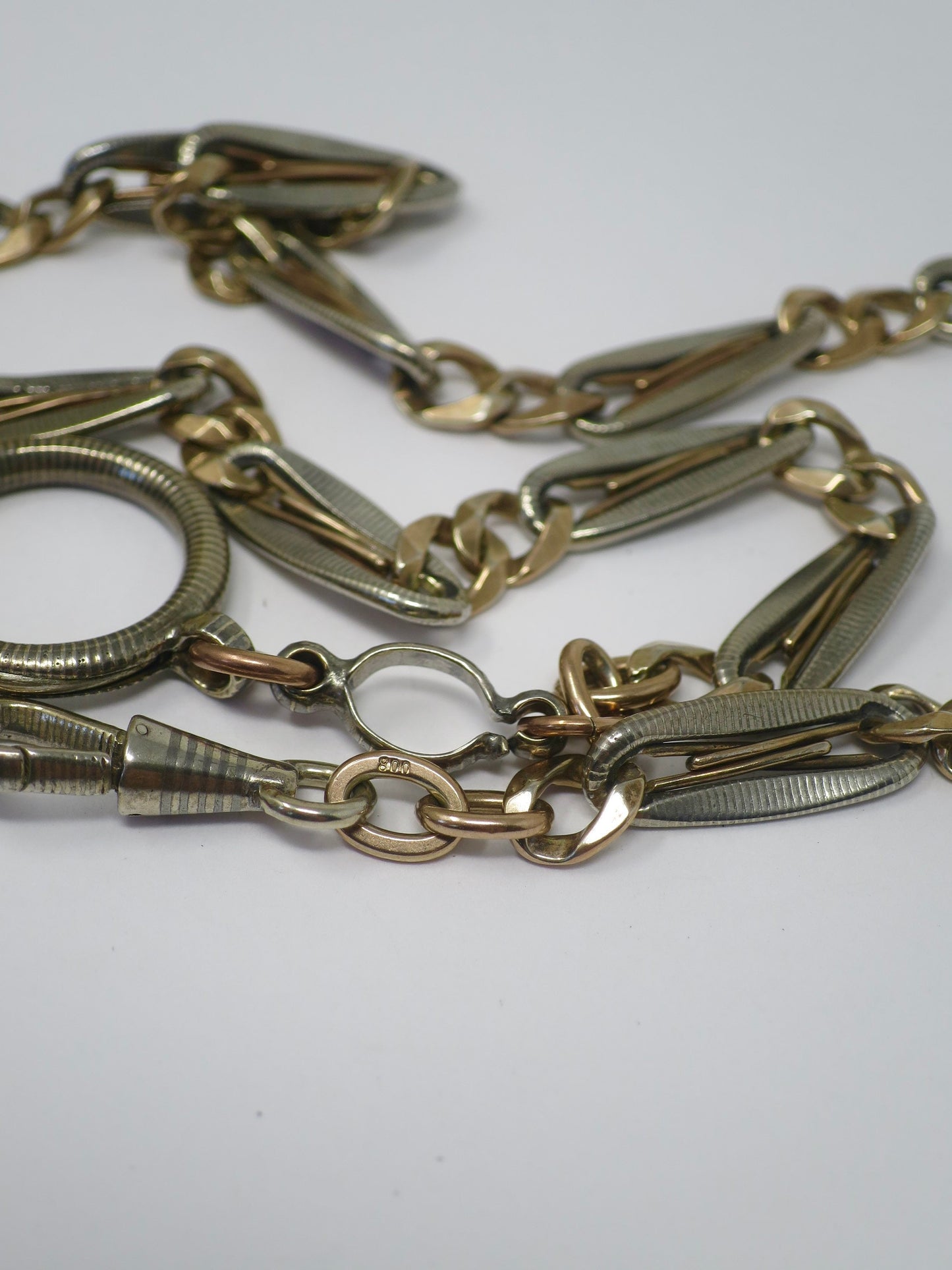 Antique Victorian 800 Silver Niello & 10k Rose Gold Vermeil Pocket Watch Chain Necklace MB6