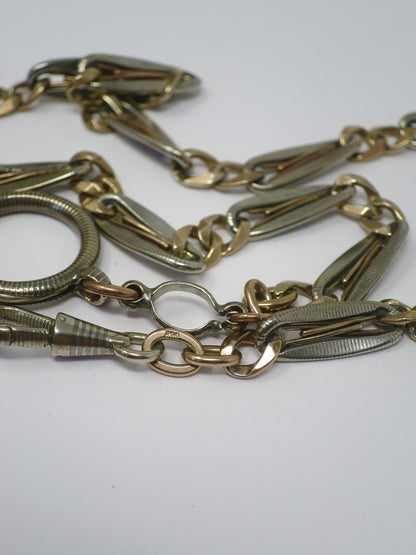 Antique Victorian 800 Silver Niello & 10k Rose Gold Vermeil Pocket Watch Chain Necklace MB6