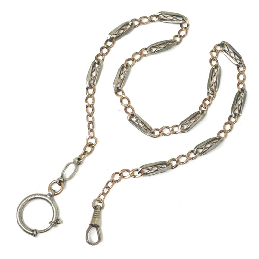 Antique Victorian Niello 800 Silver & 10k Rose Gold Watch Chain Necklace, 19.25" inches MB45