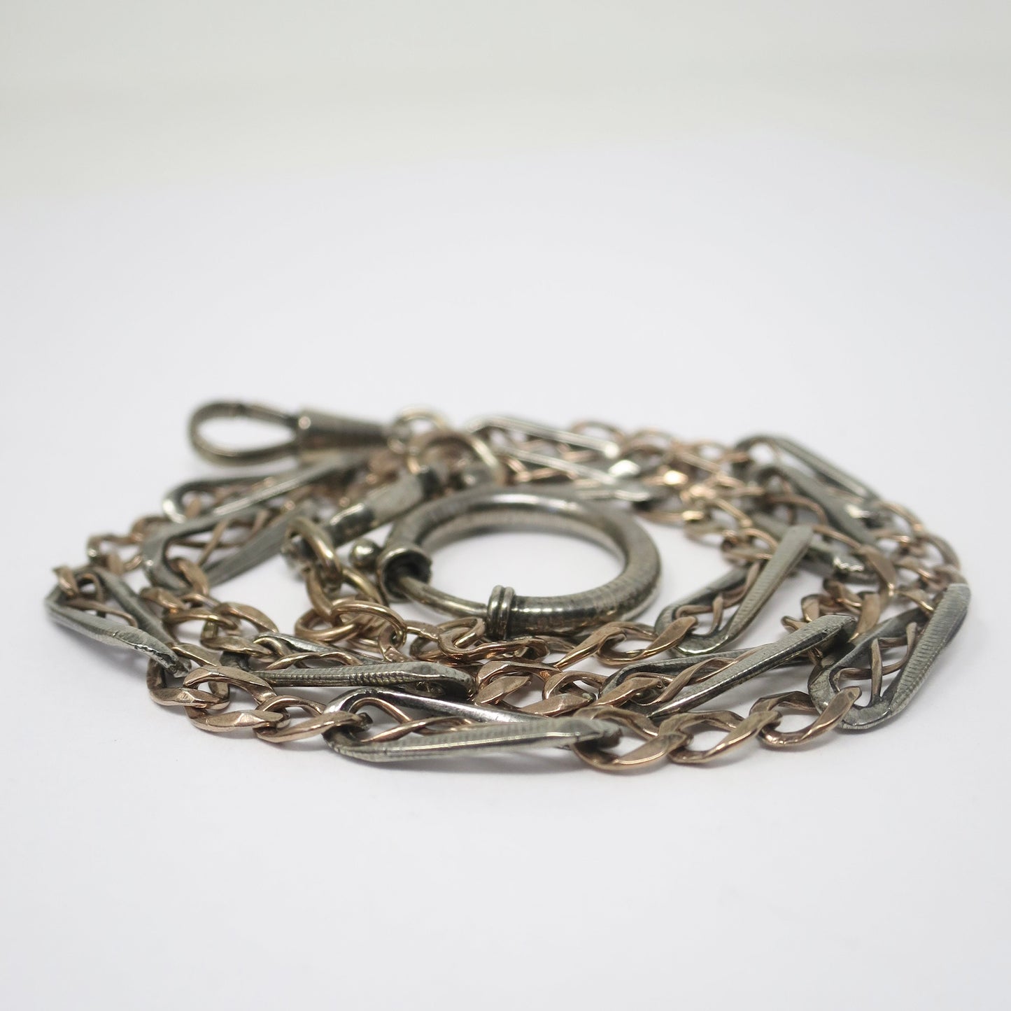 Antique Victorian Niello 800 Silver & 10k Rose Gold Watch Chain Necklace, 19.25" inches MB45