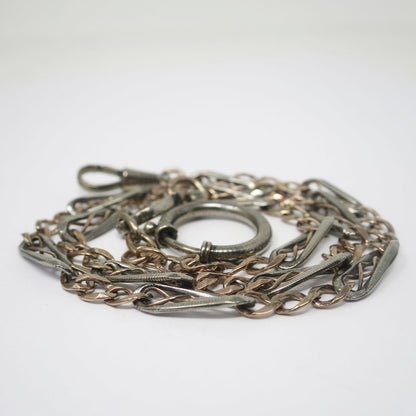 Antique Victorian Niello 800 Silver & 10k Rose Gold Watch Chain Necklace, 19.25" inches MB45