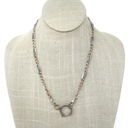 Antique Victorian Niello 800 Silver & 10k Rose Gold Watch Chain Necklace, 19.25" inches MB45