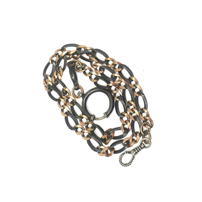 Antique Victorian Niello 800 Silver Necklace: Rose Gold Gilt Curb Chain, Pocket Watch Chain