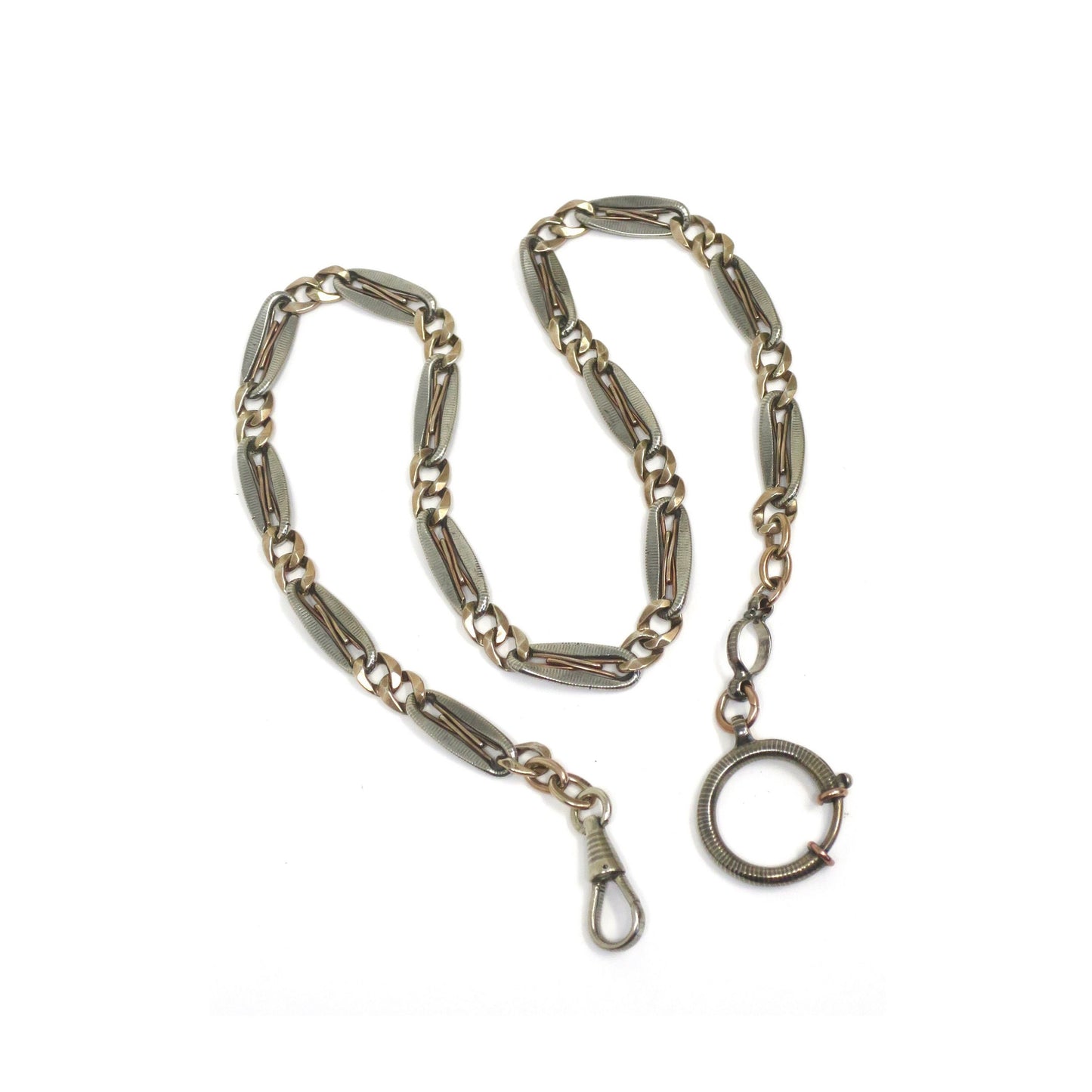 Antique Victorian 800 Silver Niello & 10k Rose Gold Vermeil Pocket Watch Chain Necklace MB6
