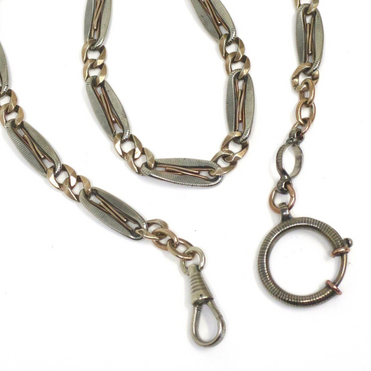 Antique Victorian 800 Silver Niello & 10k Rose Gold Vermeil Pocket Watch Chain Necklace MB6
