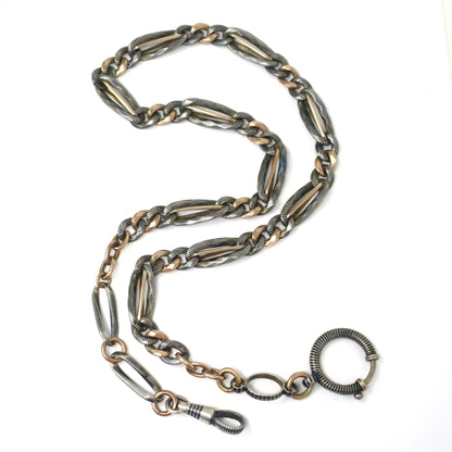 Heavy Antique Victorian Niello 800 Silver & 10k Rose Gold Gilt Curb Chain Necklace MB59