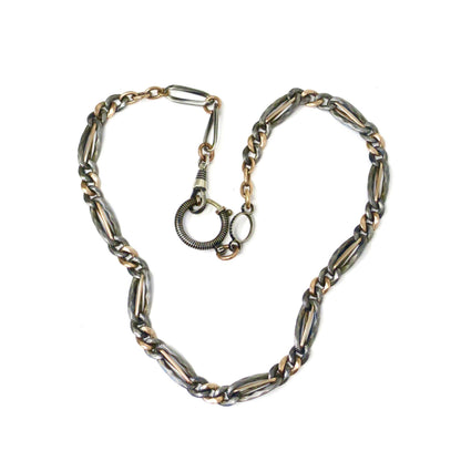 Heavy Antique Victorian Niello 800 Silver & 10k Rose Gold Gilt Curb Chain Necklace MB59