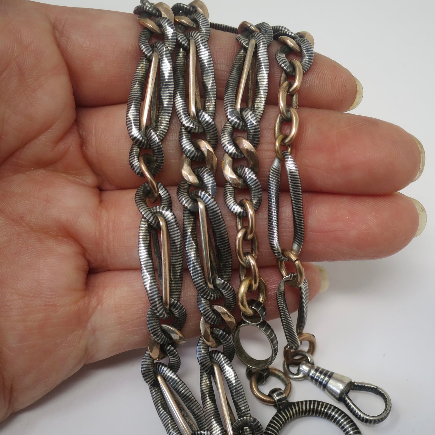 Heavy Antique Victorian Niello 800 Silver & 10k Rose Gold Gilt Curb Chain Necklace MB59