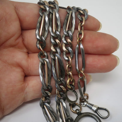 Heavy Antique Victorian Niello 800 Silver & 10k Rose Gold Gilt Curb Chain Necklace MB59