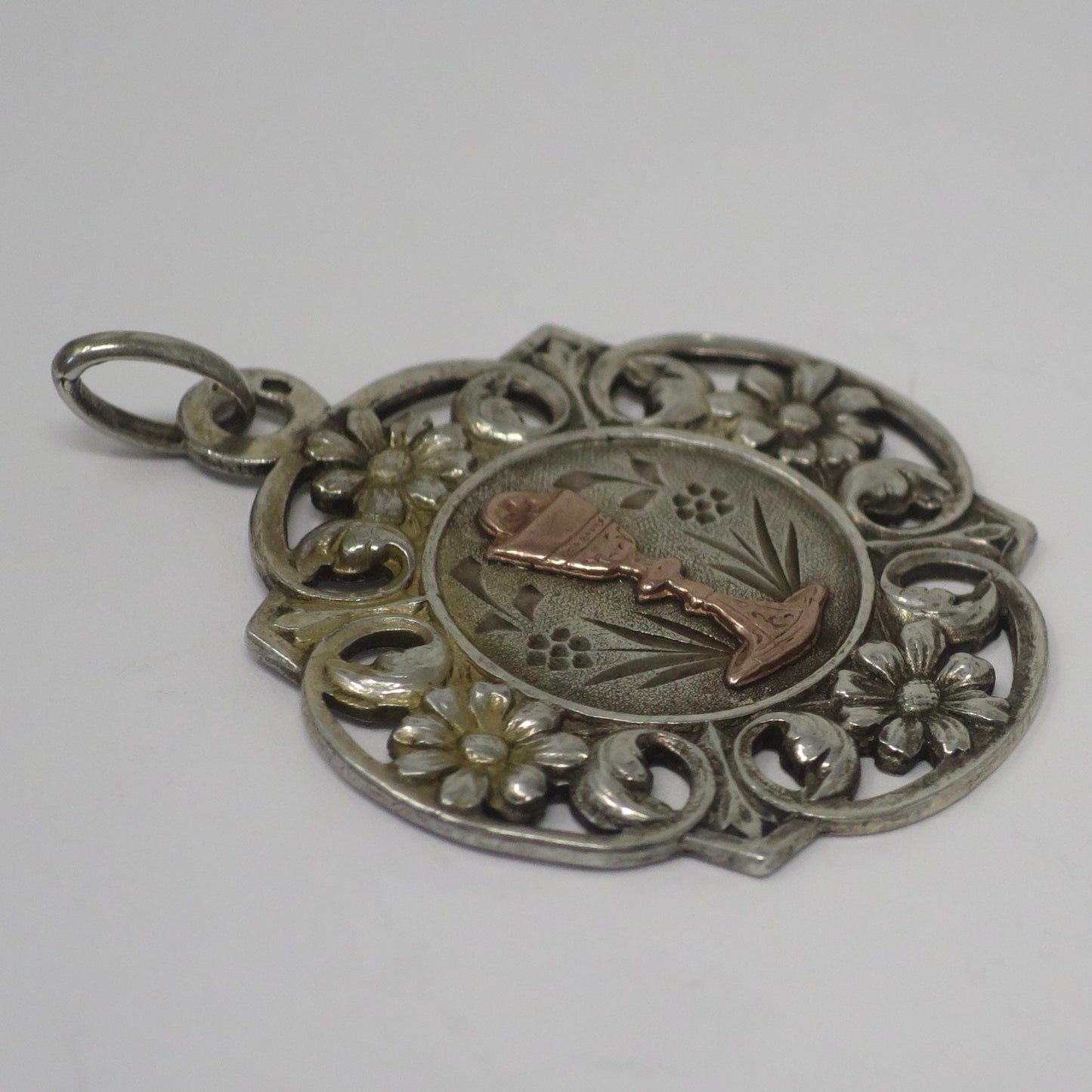 Antique French Silver Communion Medal, Chalice Religious Charm