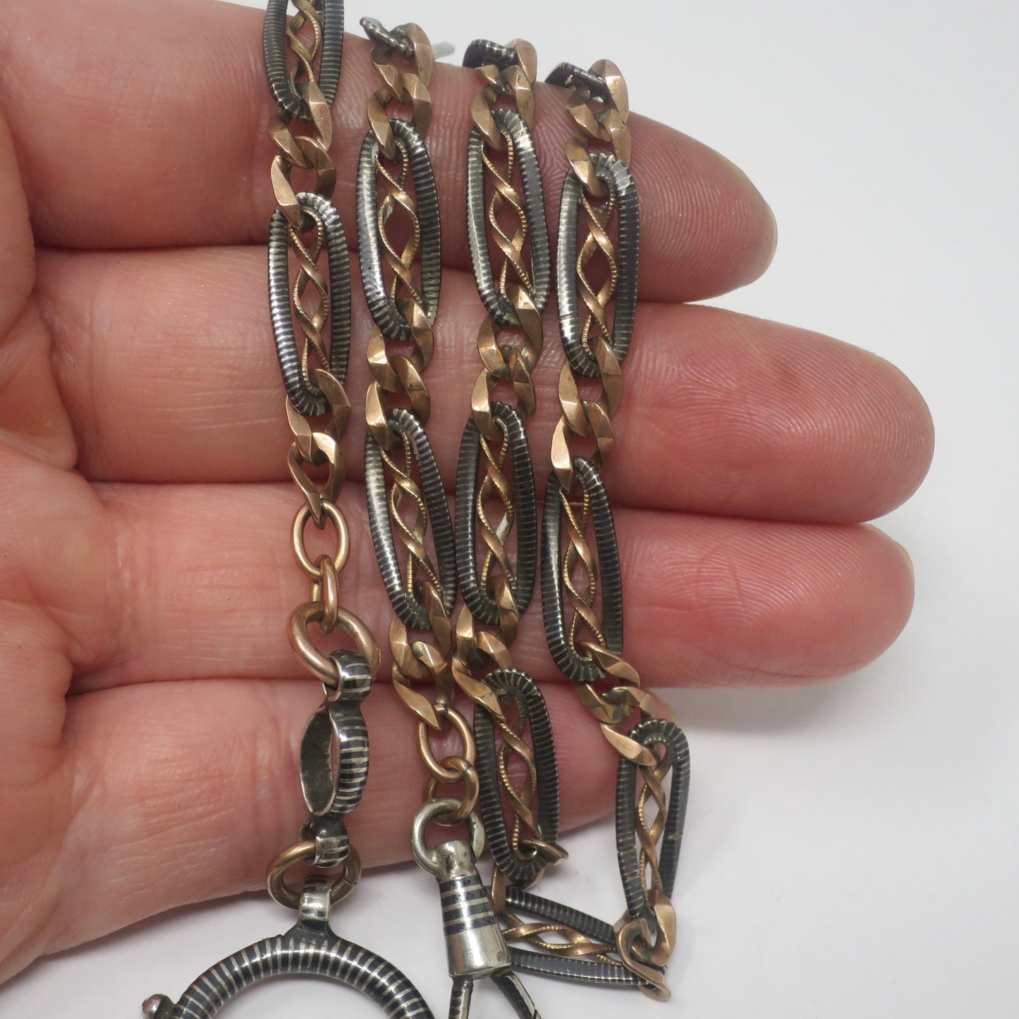 Antique Victorian 800 Silver Niello Watch Chain Necklace: 10k Rose Gold Vermeil, 17.75" MB24