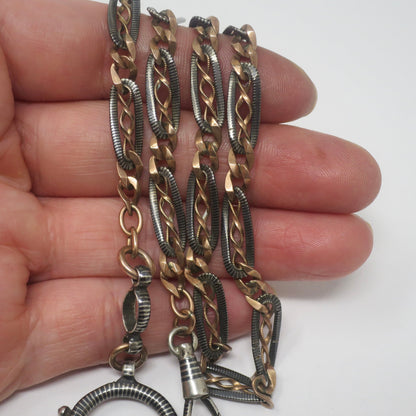 Antique Victorian 800 Silver Niello Watch Chain Necklace: 10k Rose Gold Vermeil, 17.75" MB24