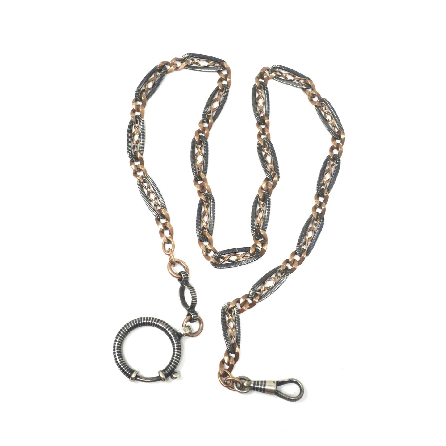 Antique Victorian 800 Silver Niello Watch Chain Necklace: 10k Rose Gold Vermeil, 17.75" MB24