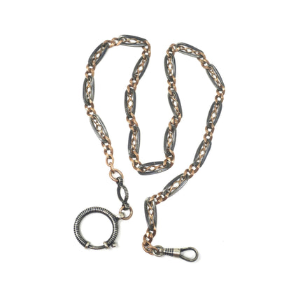 Antique Victorian 800 Silver Niello Watch Chain Necklace: 10k Rose Gold Vermeil, 17.75" MB24