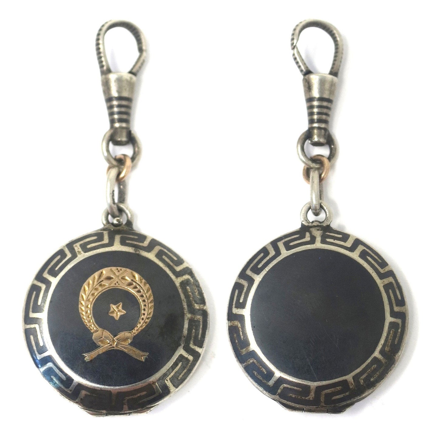 Antique Victorian Niello Silver Locket Pendant: Rose Gold Gilt Laurel Wreath, Greek Key Design N24