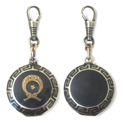 Antique Victorian Niello Silver Locket Pendant: Rose Gold Gilt Laurel Wreath, Greek Key Design N24