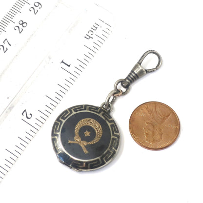 Antique Victorian Niello Silver Locket Pendant: Rose Gold Gilt Laurel Wreath, Greek Key Design N24
