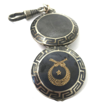 Antique Victorian Niello Silver Locket Pendant: Rose Gold Gilt Laurel Wreath, Greek Key Design N24